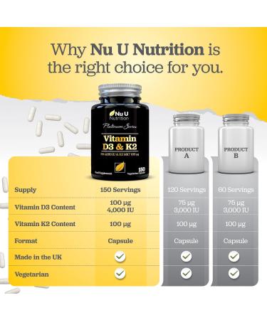 High Strength Vitamin D3 4000 IU & K2 100 g MK7-150 Capsules - 5 Month Supply - Made in UK - Buy Online on GoSupps.com