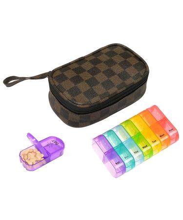 Weekly Pill Organizer with Pill case 2 Times a Day 7 Day AM/PM Pill Case Portable Travel Pill Box with Storage Bag for Hold Vitamins Supplements Medications and Fish Oils (Brown)