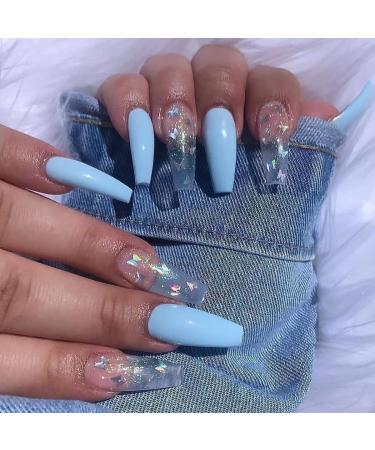JUSTOTRY 24 Pcs Colourful Butterfly Fake Nails Long Sky Blue French Press on Nails Patterns Beautiful Ballerina Stick on Nails for Women Acrylic Coffin False Nails Long with Glue for Nail Art Butterfly & blue1