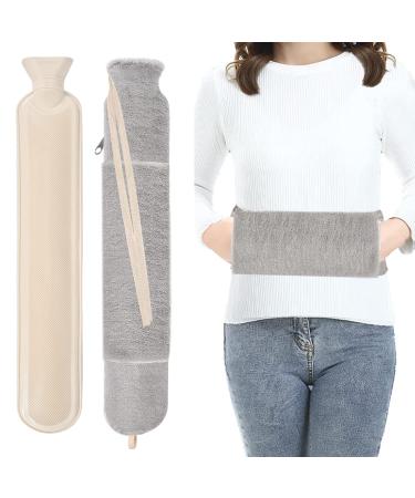 Long Hot Water Bottle with Hand Pocket Cover 2L Large Rubber Hot Water Bottles with Zipper Cover Easy Take on/Off Extra Big Wearable Body Grey Hot Water Bag with Strap for Relief Pain Waist Neck