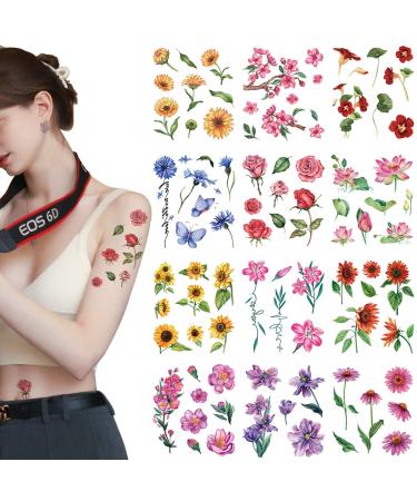 VIWIEU Flower Temporary Tattoos Summer Beach Rose Lily Sunflowers Body Decoration Stickers for Women Teen Girls, 12 Sheets Medium Size Floral Water Transfer Fake Tattoo Art Stickers for Festival Halloween Makeup Costume Party