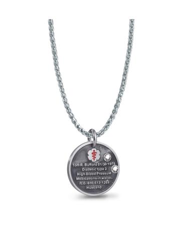 Custom Sterling Silver Crystal Medical Alert Necklace with Free Engraving Personalized Emergency Information Dog Tag Vintage Pendant Medic ID Life Alert Jewelry for Womens Mens 2 Crystal Style 25x25x2mm