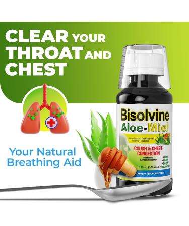Bisolvine Aloe-Miel Cough Syrup - Effective Cough Suppressant & Expectorant with Guaifenesin & Dextromethorphan for Throat Relief & Mucus Control - Cold & Cough Relief Solution 6 fl oz 1-Pack - Buy Online on GoSupps.com