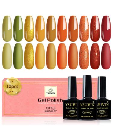 Yueshop Gel Nail Polishes- 10 Pcs Orange Yellow Green Red Glitter Gel Polish Set Soak off UV LED Nail Lamp Gel Nail Kit Gel Nail Varnish Nail Art DIY New Year Gift Autumn Leaves