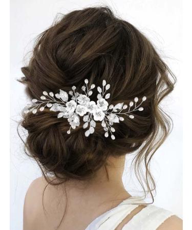 Unicra Flower Bride Wedding Hair Comb - Silver Leaf Bridal Headpiece with Pearl and Crystal Accents for Women and Girls - Buy Online on GoSupps.com