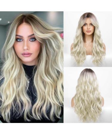 HAIRCUBE Long Blonde Wigs for Women Dark Rooted Synthetic Hair Wig with Fringe Blonde with dark root