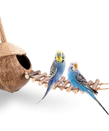 Coconut Bird Nest Hut with Ladder for Parrots, Parakeet, Conures, Cockatiel - Small Animal House Cage Decor - Buy Online on GoSupps.com