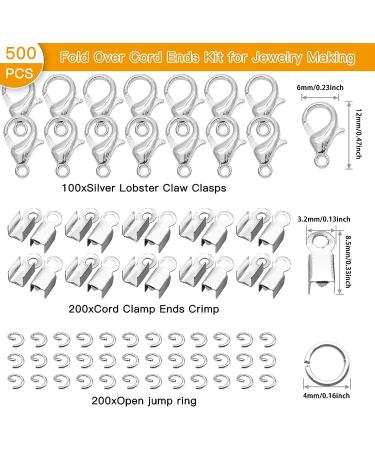 500Pcs Jewelry Making Kit: Fold Over Cord Ends Set with Lobster Claw Clasps, Jump Rings, and Cord Clamp Ends in Silver - DIY Jewelry Accessories - Buy Online on GoSupps.com