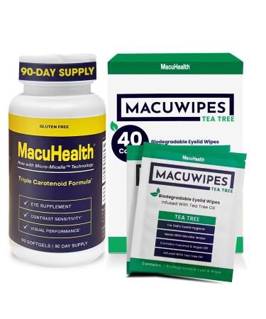 Macuhealth Triple Carotenoid Eye Vitamins for Adults with Lutein & Zeaxanthin (90 Softgels 3-Month Supply) and MacuWipes Tea Tree Pre-Moistened Eyelid Wipes for Dry Sore & Irritated Eyes (40 Count)