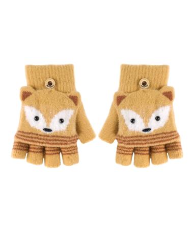 Toddler Kids Puppy Flip Top Short Knitted Half Finger Gloves for 3-8 Yrs Fox/Yelllow