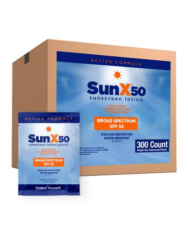 CoreTex Sun X 50 SPF Broad Spectrum Sunscreen Packets - Bulk Pack of 300 Paraben Oxybenzone Octinoxate & Oil Free Sunscreen - No White Cast and Water Resistant Up to 80 Minutes