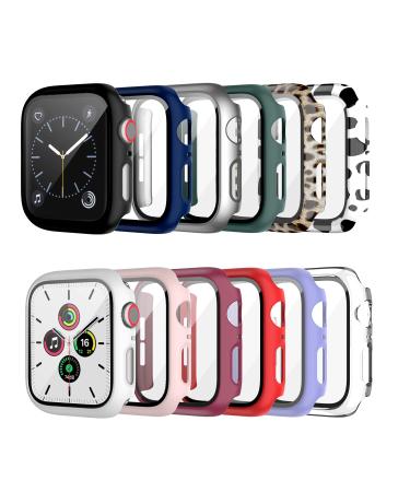 Cuteey 12 Pack Case with Tempered Glass Screen Protector for Apple Watch 40mm Series 6/SE/Series 5/Series 4 Full Matte Leopard Cow Pattern PC Cover for Iwatch 40mm Accessories (12 Colors 40mm) Black/Silver/Clear/Pink/White/Red/Blue/Green/Purple/Wine red/L