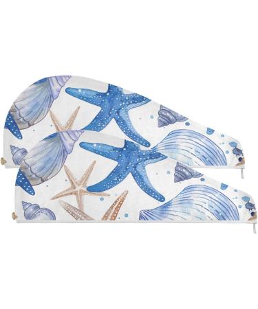 Colorful Sea Starfish Hair Towel 2 Pack - Super Absorbent Quick Dry Turbans for Women & Girls - Buy Online on GoSupps.com