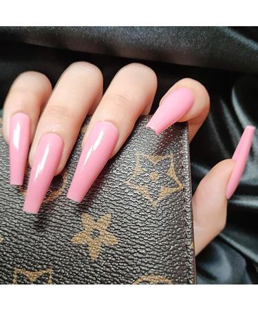 Sethain shiny coffin false nails blue ballerina false fingernails long complete coverage Press on nail for women and girls (pink)
