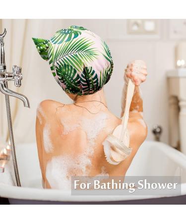 2-Piece Waterproof Shower Caps for Women | Reusable Elastic Hair Hoods - Perfect for Long Short & Curly Hair (Palm Leaf & Stripes) - Buy Online on GoSupps.com