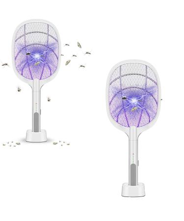 Electric Fly Swatter USB Rechargeable Racket Mosquito Lamp with Charging Base Home and Outdoor Mosquito Insect Killer for Mosquitoes Flies Bees Moths Bats (2PCS)
