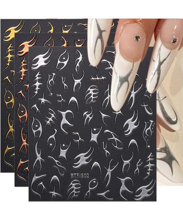 3D Fishbone Lines Nail Stickers Bronzing Stripe Lines Nail Art Stickers Gold Silver Strips Lines Nail Decals Metal Strip Line Nail Designs Self Adhesive Stickers for Nails Women Nail Supplies 6 Sheets