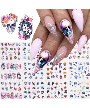 Skull Nail Stickers Day of The Dead Nail Art Water Transfer Decals Nail Supplies Halloween for Nail Art Vampire Ghost Skulls Head Devil Design for Acrylic Nails Foil Manicure Tattoos Decorations 12PCS Style C