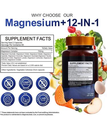 Magnesium Complex 700mg 12-in-1 Magnesium Supplement with Glycinate, Citrate, Malate, Oxide, Taurate & More High Absorption for Muscle, Heart, Sleep, Bone, Nerve Support 120 Capsules - Buy Online on GoSupps.com