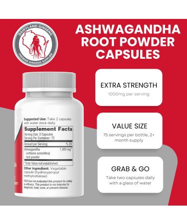 Dairyland Management Ashwagandha Capsules 150ct - 1000 mg per Serving Max Strength Ashwagandha Root Powder - Herbal Supplements and Extract - Buy Online on GoSupps.com