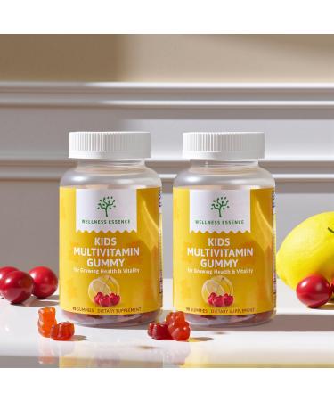 WELLNESS ESSENCE Kids Multivitamin Gummy - for Growing Health & Vitality | 2 Pack (180 Gummies Total) | Lemon Orange Cherry Flavors | Packed with Pantothenic Acid Folic Acid Zinc Iodine & Biotin