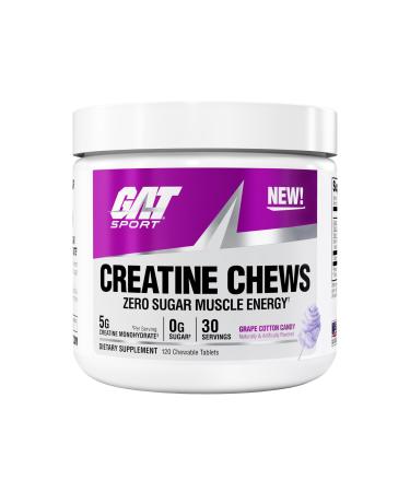 GAT SPORT Creatine Chews Zero Sugar 5g Pure Creatine Monohydrate 3rd Party Tested Brain Health Muscle Strength Anti-oxidant Support for Men & Women 30 Servings (Grape Cotton Candy)