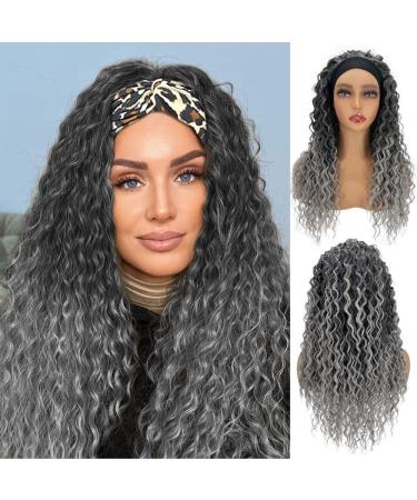 UAmy hair Headband Wig Deep Wave 20 inch Gray Hair Headband Wigs for Black Women Machine Made None Lace Front Wig Synthetic Glueless Deep Curly Hair Headband Half Wigs (T1B/Gray)