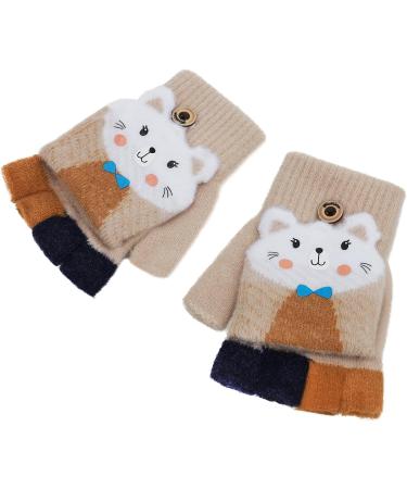 Kids Puppy Flip Top Short Knitted Gloves | Toddler Half Finger Gloves for 3-8 Yrs | Cat/Beige - Buy Online on GoSupps.com