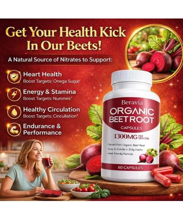 Organic Beet Root Capsules Natural Beet Root for Daily Wellness and Energy Support with Naturally Occurring Plant Nitrates Vegan Non-GMO Gluten-Free-1300mg 60 Capsules 60 Count (Pack of 1) - Buy Online on GoSupps.com