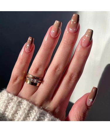 24Pcs Press on Nails Medium Long Coffin Fake Nails French Tip Brown Ballerina Glossy Artificial Nails Acrylic Full Cover False Stick on Nails with Star Designs Glue on Nails for Women Brown Star
