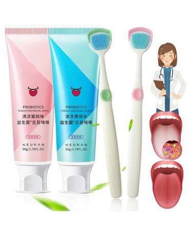 2pc Oral Hygiene Brush and Tongue Cleansing Gel Mother's Day Gift Healthy Tongue Cleaning Gel Set Tongue Scraper Cure Bad Breath Maintain Oral Health Reusable(Mint & Peach 2pc)