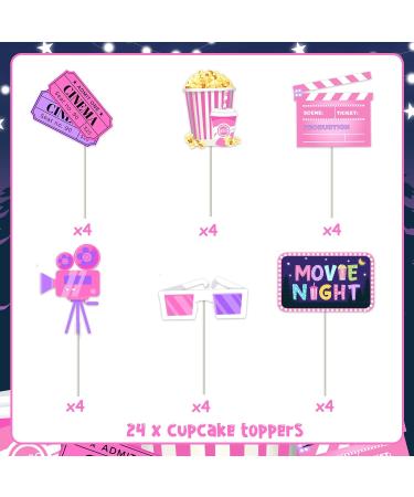 24 Pcs Movie Night Cupcake Toppers - Pink Girl Movie Night Birthday Party Supplies Double Sided Paper Cinema Cake Decorations Backyard Popcorn Movie Theme Baby Shower Decor - Buy Online on GoSupps.com