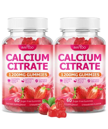 2 Packs High Absorption Calcium Citrate Gummies 1200mg - Bone & Teeth Support for Adults & Kids Vegan Sugar-Free Gummies Strawberry Flavor 120 Count 2pack