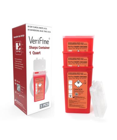 Verifine Sharps Container for Needles Needle Disposal Containers 1 Quart Size (Pack of 3) Portable Biohazard Containers Travel Size for Home Use