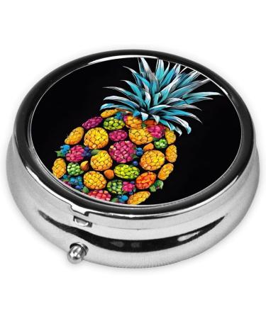 Colorful Pineapple Printed Mini Round Pill Box - 3 Compartment Travel Pill Organizer | Portable Medicine Case for Home & Office - Buy Online on GoSupps.com