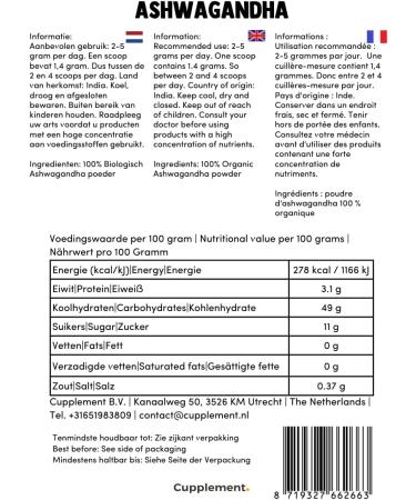 Cupplement | Ashwagandha | Powder | 60g | Organic | Adaptogen | Natural | Withanolides | Free Scoop - Buy Online on GoSupps.com