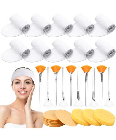 10 Pcs Spa Facial Headband Makeup Head Wraps for Facials and 50 Pcs Compressed Facial Sponges 10 Pcs Facial Fan Brushes  White Towel Head Wrap 3 in 1 for Face Wash Facial Set for Mask  Makeup Removal