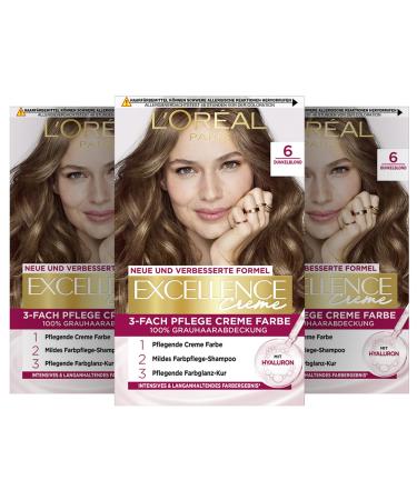 L'Or al Paris Permanent hair color 100% gray -hair cover hair dyet with coloring shampoo and 3 -way care cream color excellence cream 6 dark blonde 3 x 268 g No. 6 - Dark blonde pack
