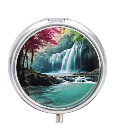 Pill Box Pill Case 3 Compartment Travel Pill Box Waterfall Natural Landscape Printing Small Pill Box Portable Medicine Pill Case Pill Organizer for Purse & Pocket for Travel Handbag (Round)