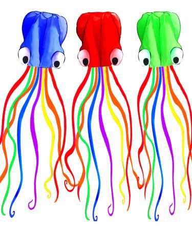 Hengda kite Pack 3 Colors Beautiful Large Easy Flyer Kite for Kids-Software Octopus-It's Big! 31 Inches Wide with Long Tail 157 Inches Long-Perfect for Beach or Park by 3 Colors(Red&Green&Blue)