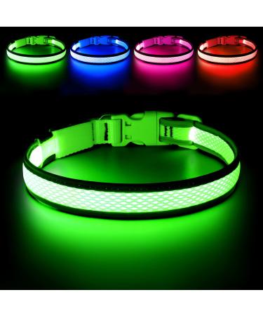 Flashseen LED Dog Collar, USB Rechargeable Light Up Dog Collar Lights, Adjustable Comfortable Soft Mesh Safety Dog Collar for Small, Medium, Large Dogs(Small, Candy Pink) L Green