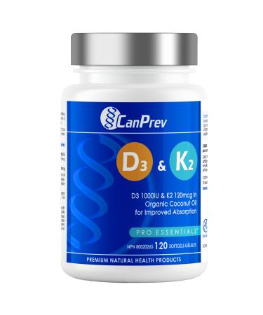 CanPrev D3 & K2 Vitamins 120 Softgels 120-Day Supply 1000IU Vitamin D3 & 120mcg K2 Supports Strong Bones Teeth & Heart Wellness Easy-to-Absorb with Organic Coconut Oil No GMO Gluten Soy Dairy 120 Count (Pack of 1)