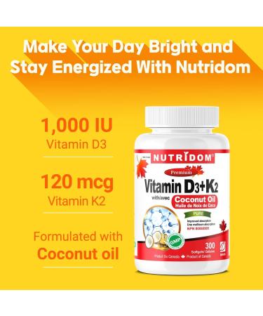 Nutridom Vitamin D3 + K2 1000IU/120MCG | MK-7 K2 with Cholecalciferol D3 in Coconut Oil | Helps Support Bones Teeth and Immune Function | Non-GMO Gluten-free and Dairy-free (300 Count) 300 count (Pack of 1) - Buy Online on GoSupps.com