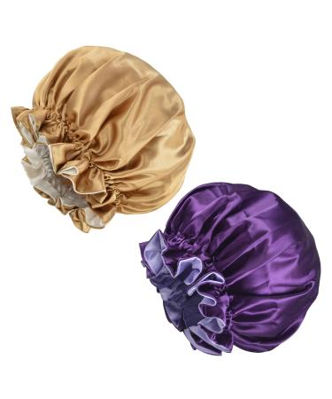 COOLCHI 2 Pieces Satin Bonnet Cap Elastic Double-Layer Silk Sleeping Head Cover for Women Adjustable Lined Hair Wrap for Long Curly Hair (Khaki+Purple)