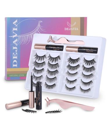 Magnetic Eyelashes with Eyeliner Kit- 10 Pairs Premium 3D Natural Look Reusable Eyelashes with Tweezers Applicator, Strong Magnetic Eyeliner and Lashes Set by DEJAVIA, No Glue Needed
