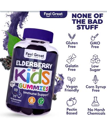 Feel Great Vitamin Co. Elderberry Gummies for Kids | Vegan Immune Support | Gluten Free with Zinc & Vitamin C | 90 Gummies - Buy Online on GoSupps.com