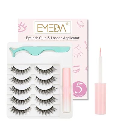 EMEDA 3D Natural False Lashes with Glue 5 Pairs Fluffy False Cat Eye Lashes Multipack Thick and Long False Eyelashes With Glue Strip Fake Lashes With Applicator False Lashes Kit (A9)