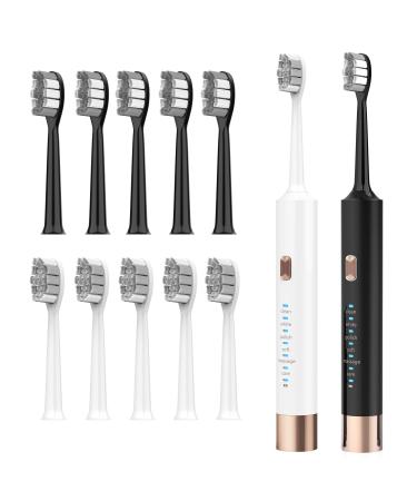 ZXZCTTC 2 Pieces 10 Brush Head High Frequency Electric Toothbrush  IPX7 Waterproof USB Quick Charge  Rechargeable 60 Days(Black/White)