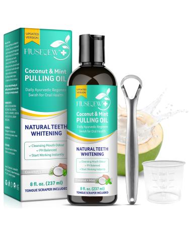 Oral pull oil with coconut & peppermint oil 8 fl.Oz Natural coconut oil with tongue scraper mouthwash for fresh breath tooth whitening and healthier teeth and healthy gums