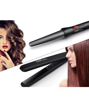 FARI Travel Hair Curling Iron & Mini Flat Iron 2-in-1 Kit - Ceramic Tourmaline Wands Heat Resistant Glove & Travel Pouch - Black - Buy Online on GoSupps.com